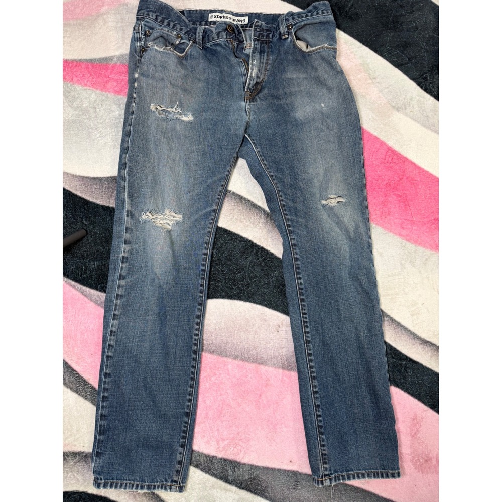 Express Jeans Rocco Slim Fit Skinny Distressed Blue Denim 34x32